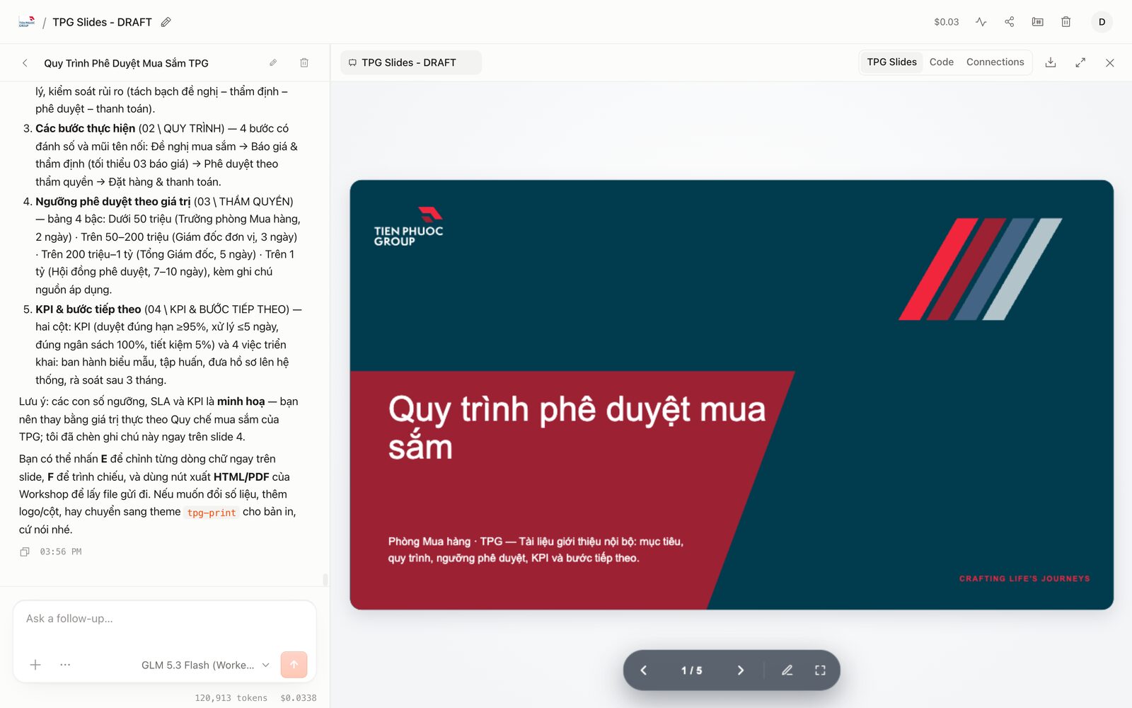 Workspace TPG Slides: bên trái là phần AI mô tả 5 slide đã dựng, bên phải là slide bìa Quy trình phê duyệt mua sắm theo nhận diện Tiến Phước