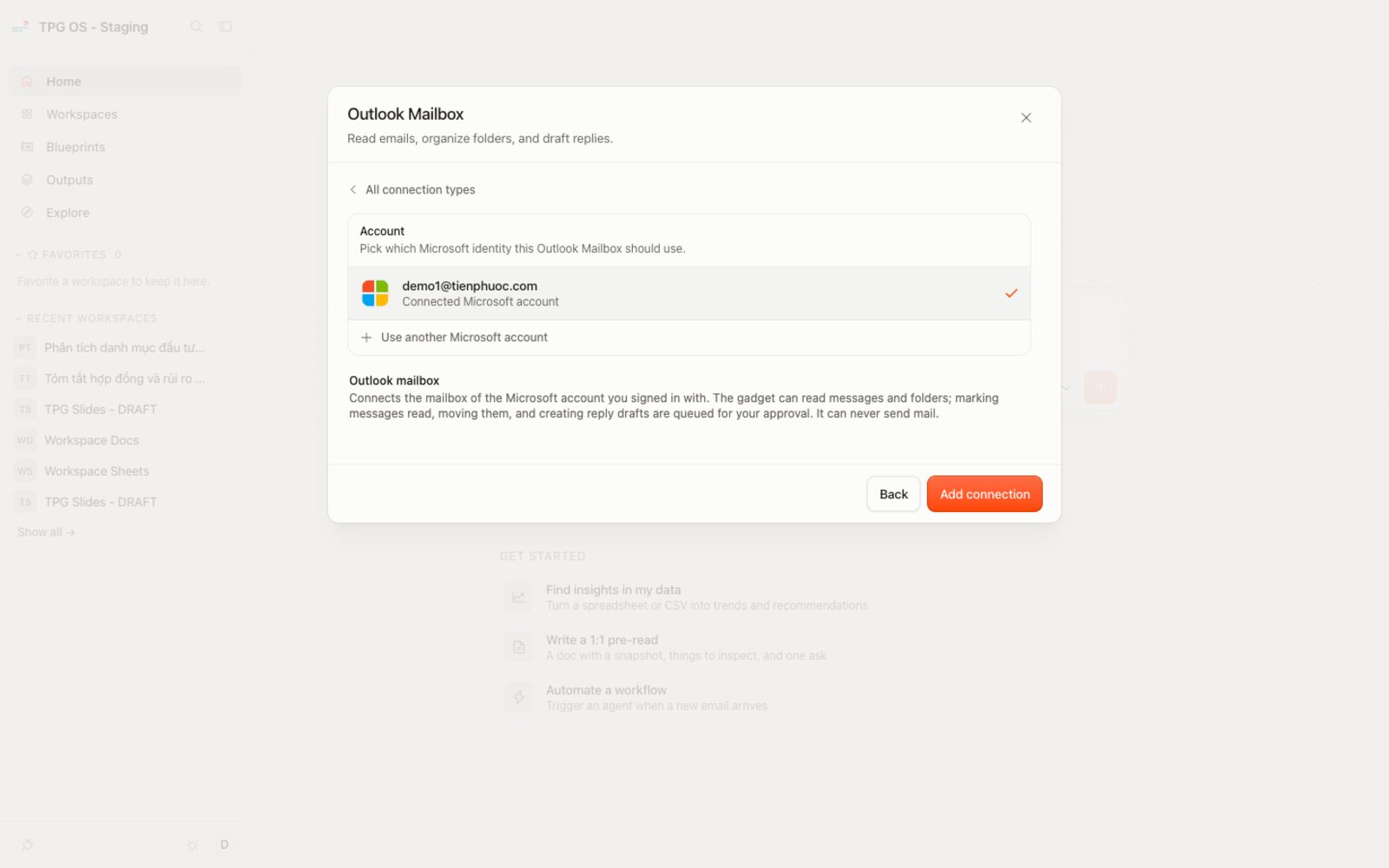 Hộp thoại thêm kết nối Outlook Mailbox với tài khoản Microsoft đã kết nối và nút Add connection