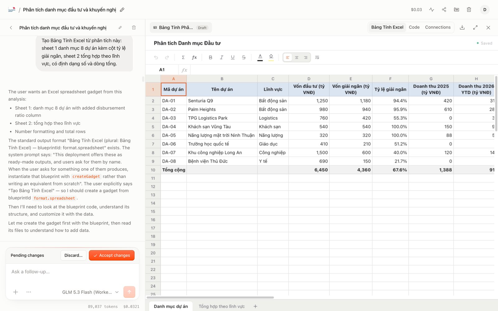 Bảng tính Excel do AI tạo từ phân tích danh mục, bên trái là thanh Pending changes với nút Accept changes
